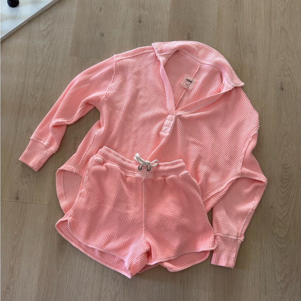 Aerie Lumberjane Pink Waffle Knit Short Lounge Set